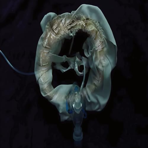 Abstract white sculpture resembling a face with attached medical device.
