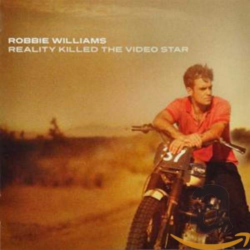 Robbie Williams album cover featuring him with a vintage motorcycle.