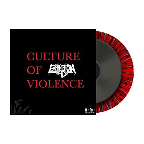Black vinyl record with red splatter, album cover featuring red text.