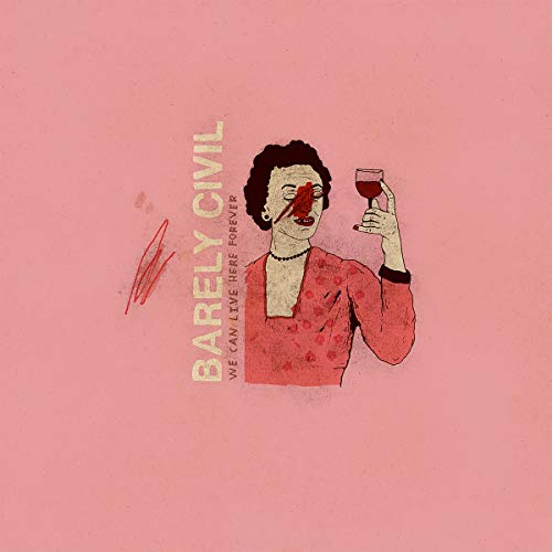 Album cover: woman with red marks, holding wine glass, pink background.