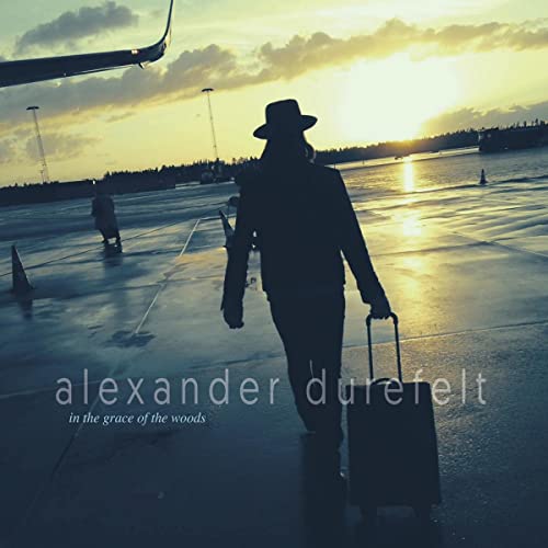 Silhouetted figure with suitcase walking towards a sunset over water.