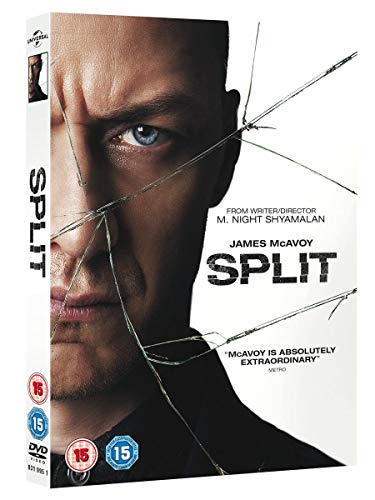 DVD cover for "Split" featuring James McAvoy with a cracked effect.