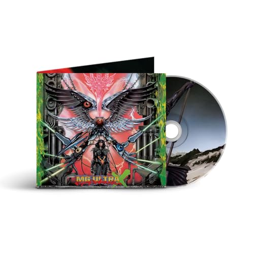 CD case with robotic bird and figure, silver disc beside it.