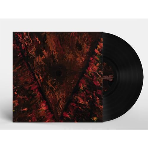 Vinyl record with textured, fiery red and black album cover.