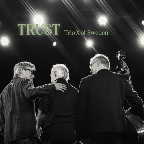 Black and white photo of three musicians with instruments, album "Trust".