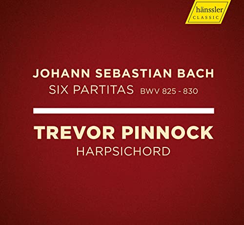 Red CD cover featuring white text: Bach’s Six Partitas, Trevor Pinnock.