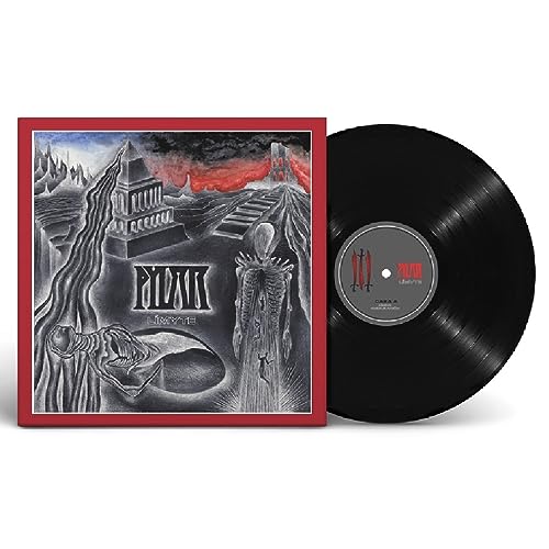 Black vinyl record with album cover depicting a surreal, dark landscape.