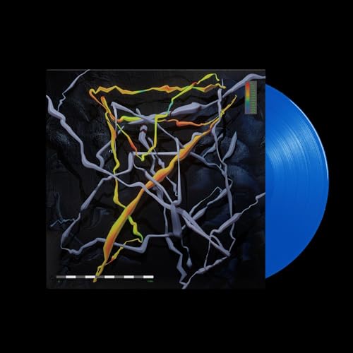 Vinyl record cover with abstract colorful lines on a dark background and blue vinyl.