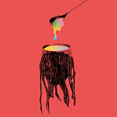 Red background with a head-shaped pot pouring colorful liquid.