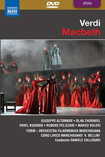 DVD cover for Verdi’s Macbeth opera, featuring performers in red costumes.