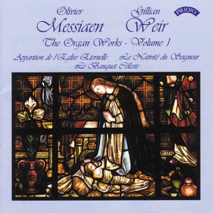CD cover for Messiaen’s organ works, featuring stained glass imagery.