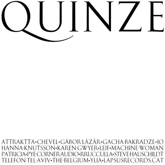 White vinyl record cover with black text: “QUINZE” and artist names listed below.