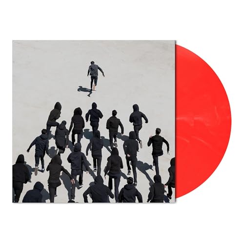 Vinyl record cover with figures and a red marbled vinyl disc.
