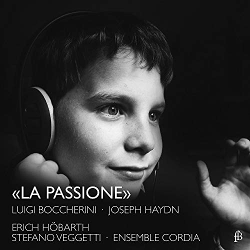 Black and white portrait of a young man with headphones, CD details overlaid.