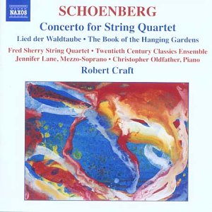CD cover for Schoenberg's Concerto for String Quartet with abstract red and blue art.