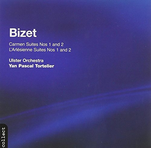 CD cover: Bizet’s Carmen Suites performed by Ulster Orchestra, blue background.