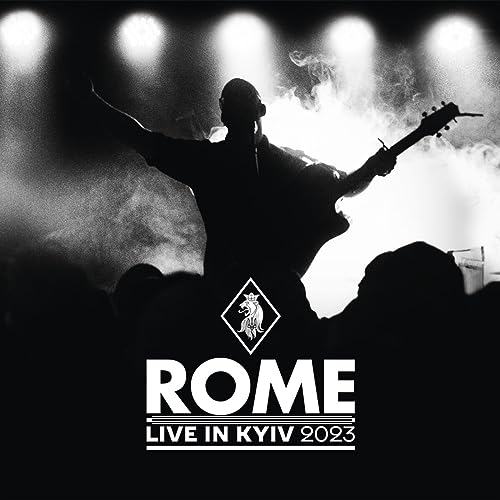Black and white concert photo of a guitarist with “ROME - Live In Kyiv 2023” text.