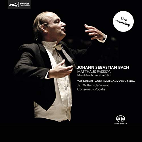 CD cover featuring a conductor with text: Bach’s St Matthew Passion.