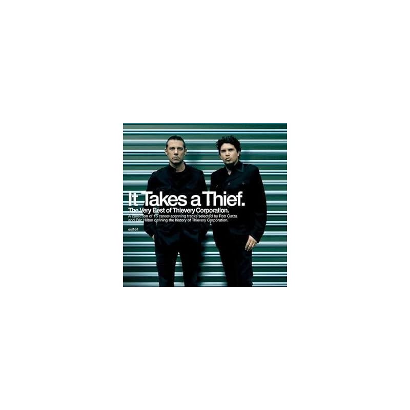 Thievery Corporation album cover: two men stand before blue-striped metal shutters.