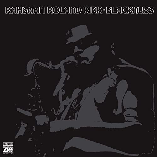 Rahsaan Roland Kirk album cover, grayscale portrait of musician with saxophone.