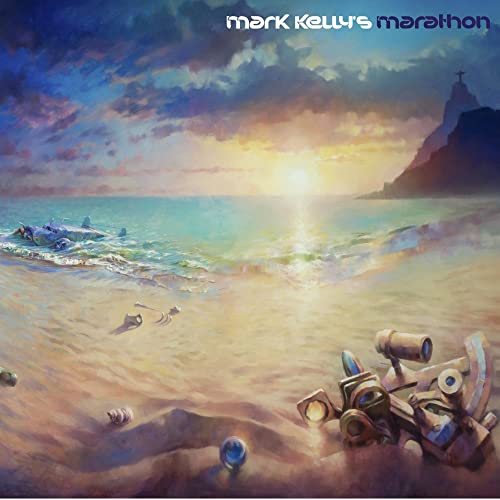 AlbumHL Surreal painting of a beach at sunset with robotic debris and skeletal remains.
