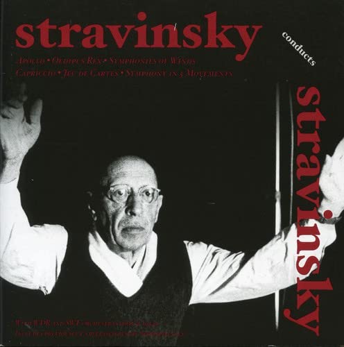 Igor Stravinsky portrait on a CD cover, conducting with arms raised.