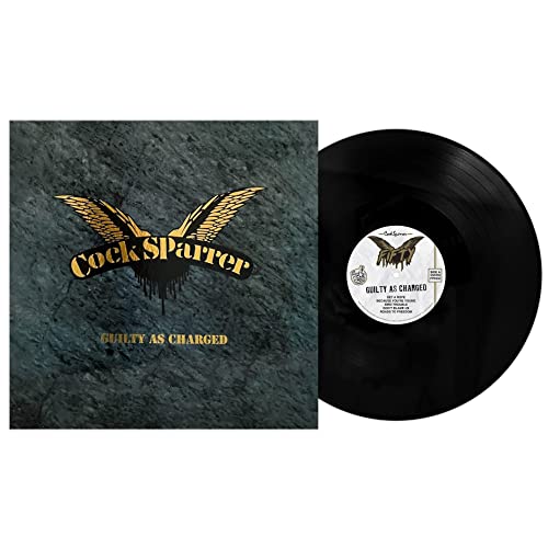 Cock Sparrer Guilty As Charged album cover art next to a black vinyl record.