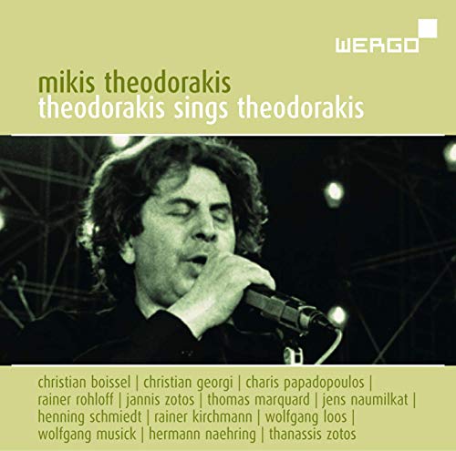 CD cover: Mikis Theodorakis singing into a microphone onstage.