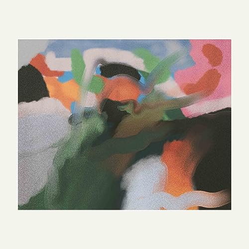Abstract painting with blurred greens, oranges, and pinks on a vinyl record cover.
