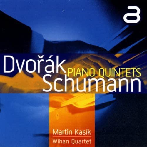 CD cover for Dvořák & Schumann piano quintets, featuring abstract art.