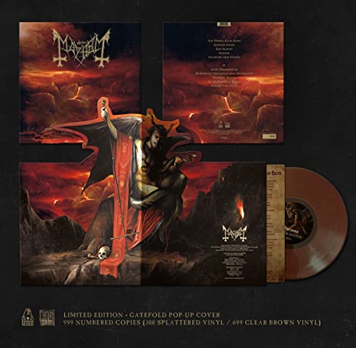 Mayhem “Daemon” vinyl record with fiery, demonic album art and skull.