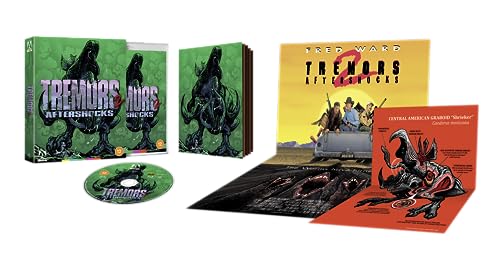 Blu-ray case, disc, and fold-out booklet for the movie Tremors 2: Aftershocks.