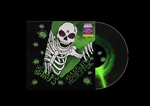 Vinyl record with skeleton illustration and green swirl pattern.