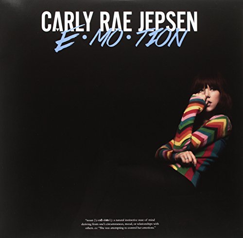 Carly Rae Jepsen album cover, “E•MO•TION”, featuring a seated woman.
