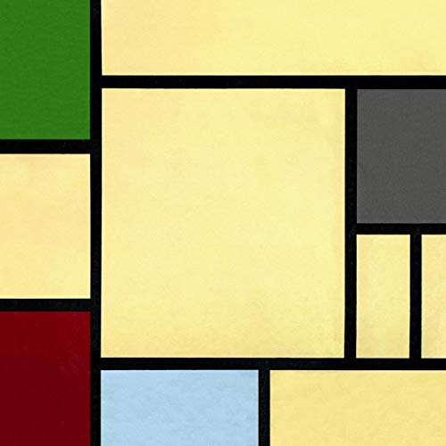 Abstract geometric artwork with rectangles in yellow, green, gray, and blue.