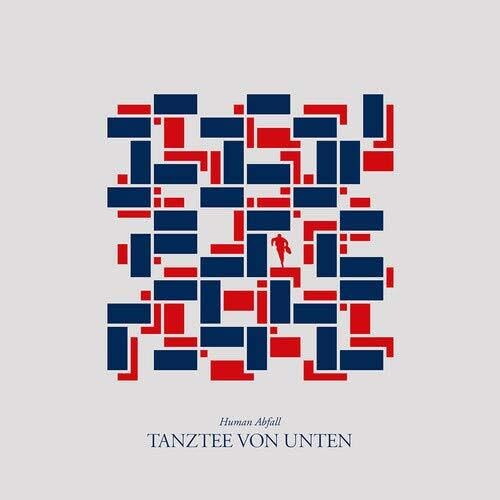 Abstract album cover with red and blue blocks, and a small figure.
