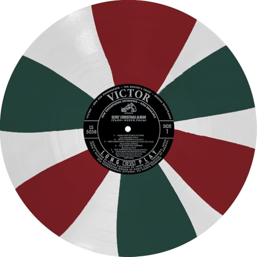 Elvis Presley's Christmas Album vinyl record with red and green sections.