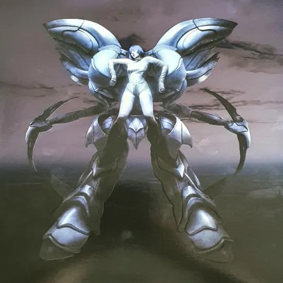 Figure atop a large, metallic, insect-like creature against a dark sky.