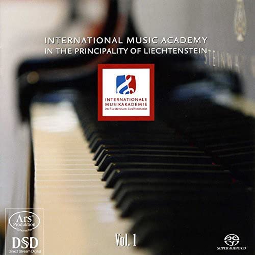 CD cover featuring a piano keyboard and academy logo in red frame.