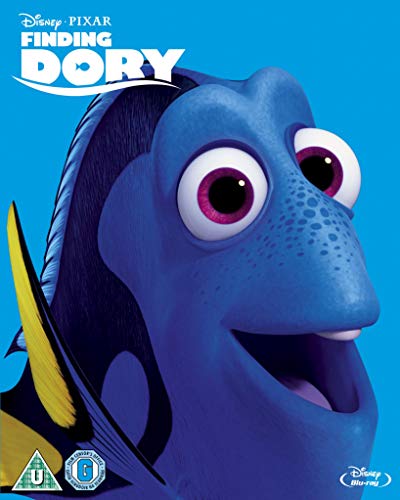 Finding Dory Blu-ray cover featuring a close-up of the blue tang fish, Dory.