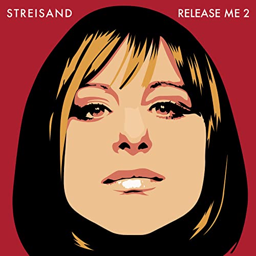 Stylized graphic illustration of Barbra Streisand on a red background with album text.