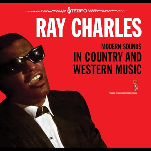 Ray Charles album cover, red background, portrait with sunglasses.