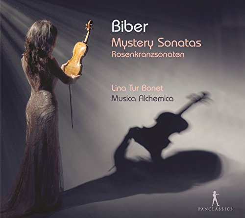 Woman holding violin, shadow of violin, album cover for Biber’s sonatas.