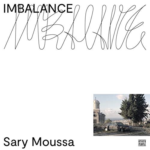 Vinyl record cover: white background with abstract text and a landscape photo.
