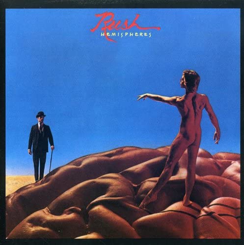 CD case with Rush album Hemispheres artwork, likely featuring a geometric design.