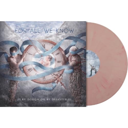 Vinyl record cover with figures and clocks, alongside a pink record.