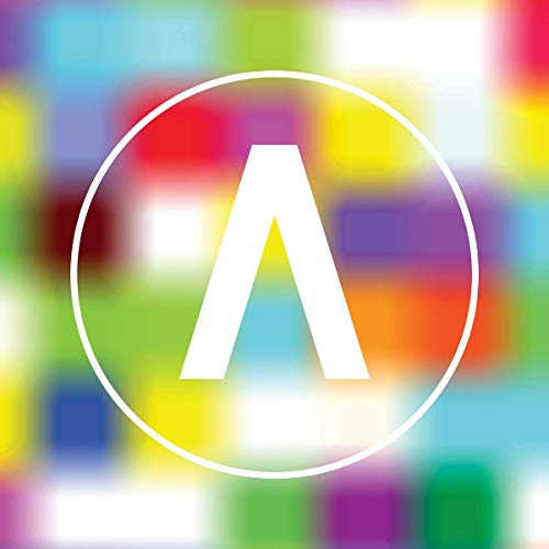 Colorful abstract background with a white chevron inside a circle.