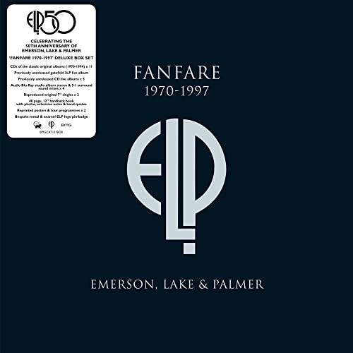 Dark blue album cover for Emerson, Lake & Palmer’s “Fanfare 1970-1997” boxset.