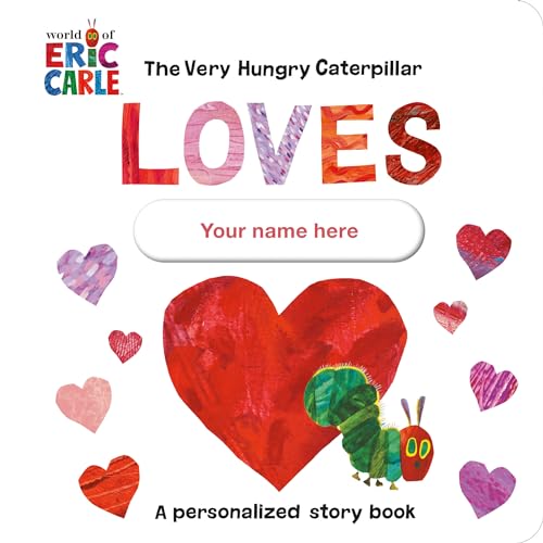The Very Hungry Caterpillar book cover with hearts and a caterpillar.