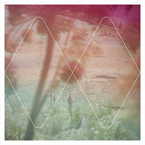 Vinyl record cover with abstract pink and green landscape design.